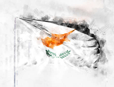 National flag of Cyprus on a flagpole. Watercolor Illustration.の写真素材
