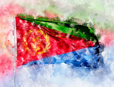 National flag of Eritrea on a flagpole. Watercolor Illustration.の写真素材