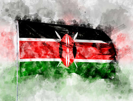National flag of Kenya on a flagpole. Watercolor Illustration.の写真素材