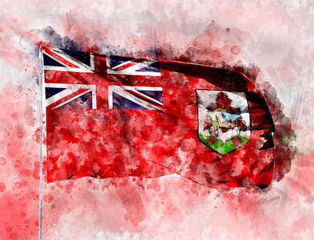 National flag of Bermuda Islands on a flagpole. Watercolor Illustration.の写真素材