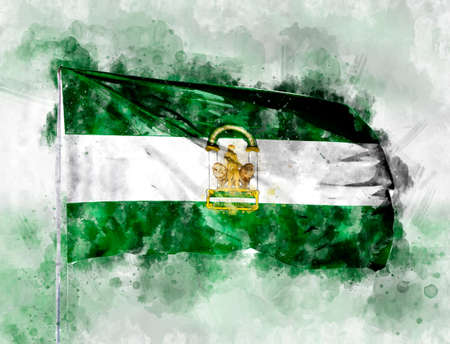 National flag of Andalusia on a flagpole. Watercolor Illustration.の写真素材