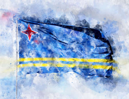 National flag of Aruba on a flagpole. Watercolor Illustration.の写真素材