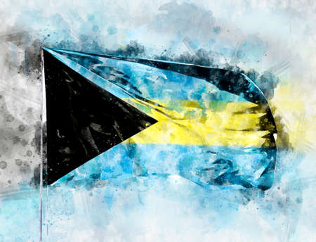 National flag of Bahamas on a flagpole. Watercolor Illustration.の写真素材