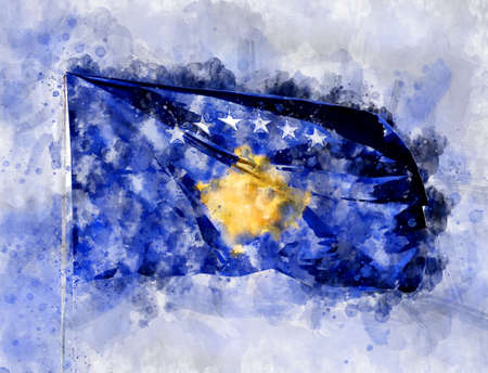 National flag of Kosovo on a flagpole. Watercolor Illustration.の写真素材