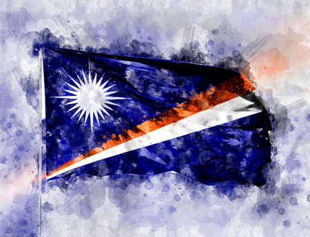 National flag of Marshall Islands on a flagpole. Watercolor Illustration.