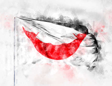 National flag of Easter Island Rapa Nui on a flagpole. Watercolor Illustration.の写真素材