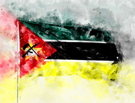 National flag of Mozambique on a flagpole. Watercolor Illustration.の写真素材