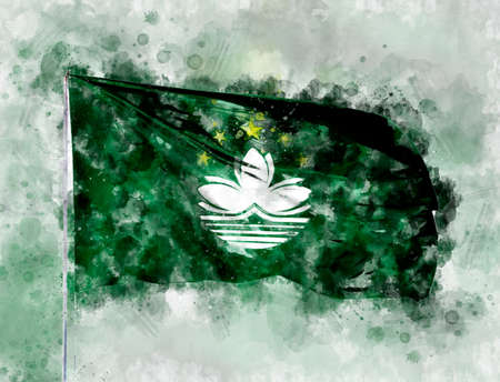 National flag of Macau on a flagpole. Watercolor Illustration.の写真素材