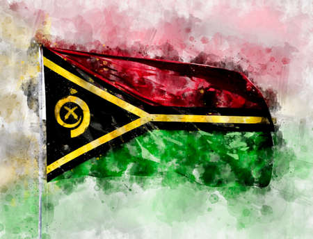 National flag of Vanuatu on a flagpole. Watercolor Illustration.の写真素材
