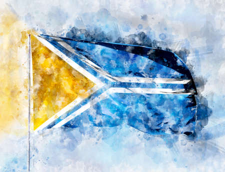 National flag of Tuva on a flagpole. Watercolor Illustration.の写真素材