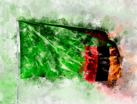 National flag of Zambia on a flagpole. Watercolor Illustration.の写真素材