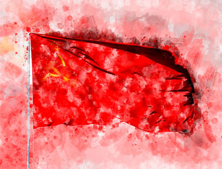 National flag of USSR on a flagpole. Watercolor Illustration.