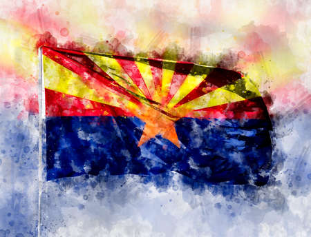 National flag State of Arizona on a flagpole. Watercolor Illustration.の写真素材