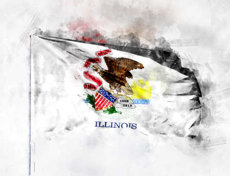 National flag State of Illinois on a flagpole. Watercolor Illustration.の写真素材