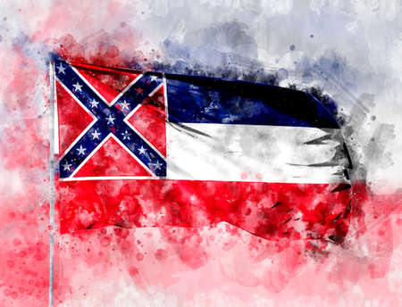 National flag State of Mississippi on a flagpole. Watercolor Illustration.