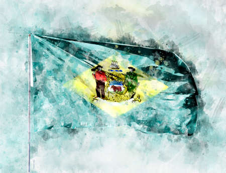 National flag State of Delaware on a flagpole. Watercolor Illustration.の写真素材