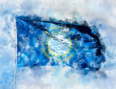 National flag State of South Dakota on a flagpole. Watercolor Illustration.の写真素材