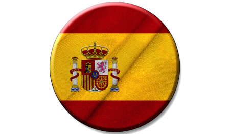 Flag of Spain on a fabric texture in a circle, the image in the form of an icon is isolated on a white background.の写真素材