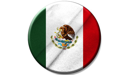 Flag of Mexico on a fabric texture in a circle, the image in the form of an icon is isolated on a white background.の写真素材