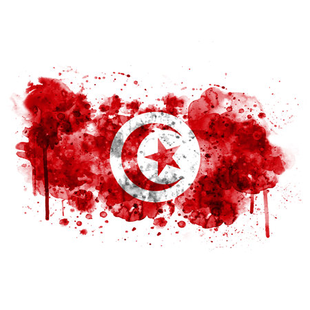 Tunisia flag painted with watercolor, isolated on white background.の写真素材