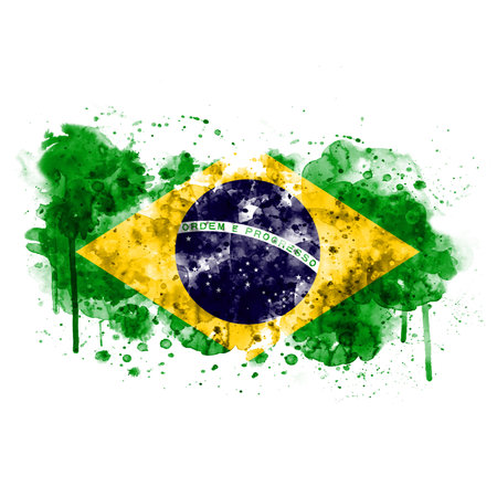 Brazil flag painted with watercolor, isolated on white background.の写真素材