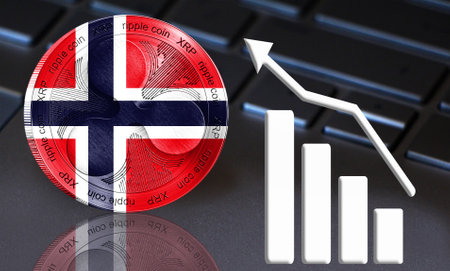 Coin Ripple (XRP) with the flag of Norway depicted on it. In the background a keyboard, shown as a growing graph. New cryptocurrency, business concept.の写真素材