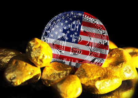 Bitcoin is marked with the flag of America, against the background of gold oreの写真素材