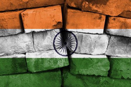 India flag painted on brick wallの写真素材