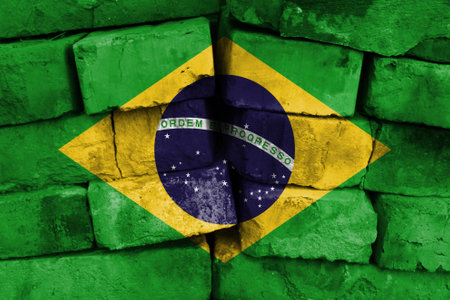 Brazil flag painted on brick wallの写真素材