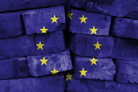 European Union flag painted on brick wallの写真素材