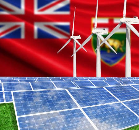 Solar panels on the background with the flag of Manitoba and Wind Turbineの写真素材