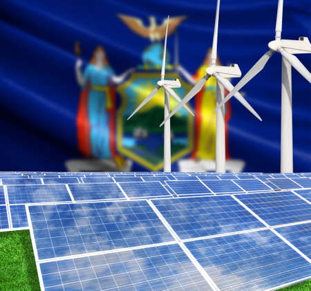 Solar panels on the background with the flag State of New York and Wind Turbineの写真素材