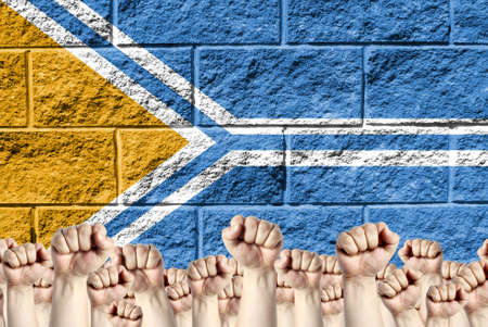 Raised fists against the background of the depicted flag of Tuva on a brick wall, a concept of strength and unity.の写真素材