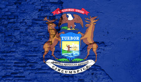 State of Michigan flag is painted onto an old brick wallの写真素材
