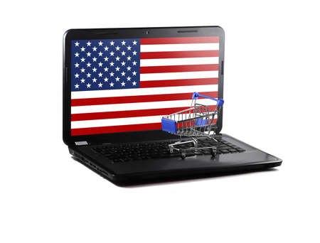 Isolated on white background laptop with America flag on display, online shopping sale conceptの写真素材