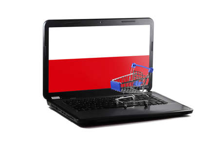 Isolated on white background laptop with Poland flag on display, online shopping sale conceptの写真素材