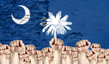 Raised fists of men against the background of the flag of State of South Carolina painted on the wall, the concept of popular unity and the opinion of the majority.の写真素材
