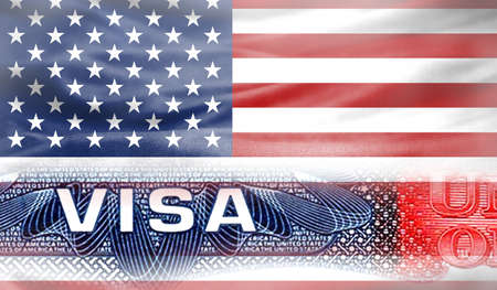 United States of America Visa Document, with America flag in the background.