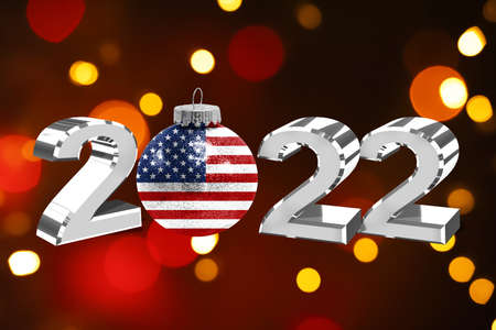 Colorful blurred background and applied the flag of America on the New Year's toy. New Year 2022 Celebrationの写真素材