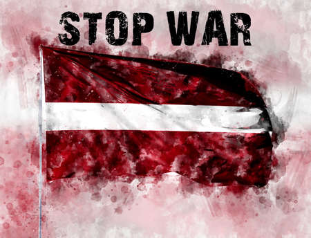 National flag of Latvia on a flagpole. Watercolor Illustration with the caption stop war, the...