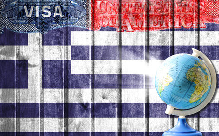 United States of America visa document, flag of Greece and globe in the background. The concept of travel to the United States and illegal migrationの写真素材