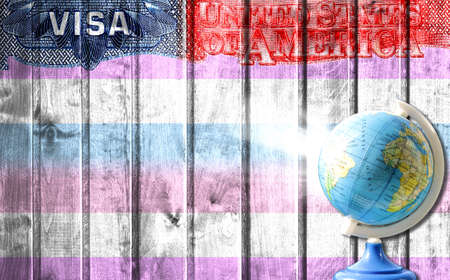 United States of America visa document, flag of Bigender pride and globe in the background. The concept of travel to the United States and illegal migrationの写真素材
