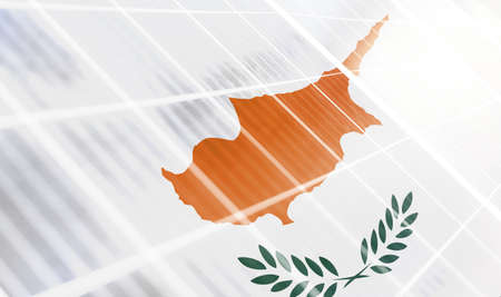 Solar panels on the background of the image of the flag of Cyprusの写真素材