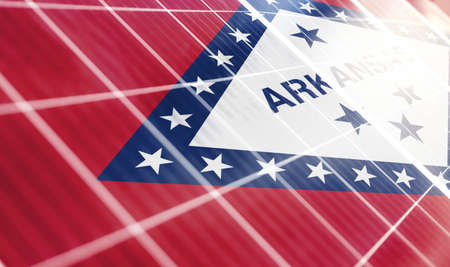 Solar panels on the background of the image of the flag of State of Arkansasの写真素材