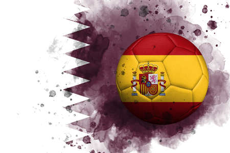 A soccer ball with the flag of Spain depicted on a watercolor background of the flag of Qatar