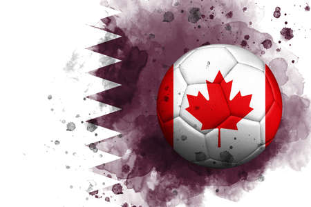 A soccer ball with the flag of Canada depicted on a watercolor background of the flag of Qatarの写真素材