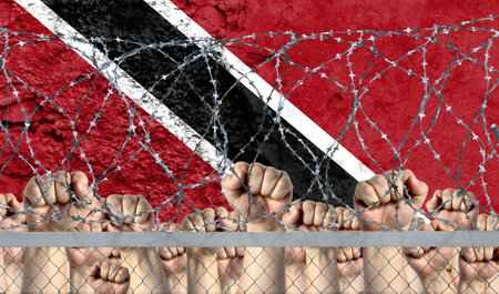 Raised fists against the background of the depicted flag of Trinidad and Tobago behind barbed wire.の写真素材