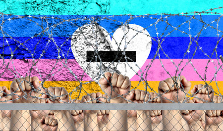 Raised fists against the background of the depicted flag of Antisexual behind barbed wire.の写真素材