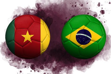 Flags of Cameroon and Brazil are depicted on soccer balls. 3D Renderingの写真素材