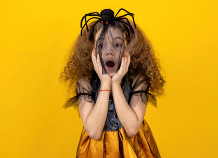 Portrait of a young girl with curly hair in a Halloween costume on a yellow backgroundの写真素材